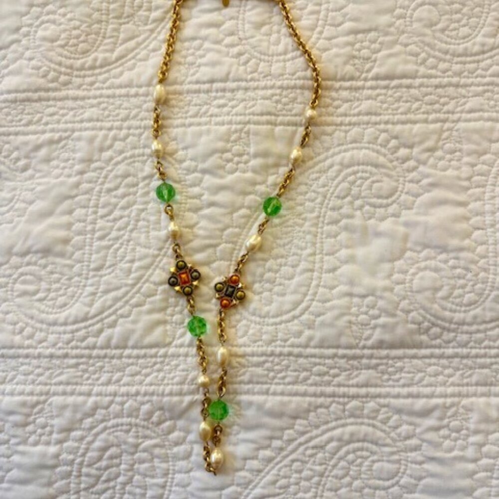 VTG Monet Station Chain Immitation Pearl Green Faceted Glass Statement Necklace